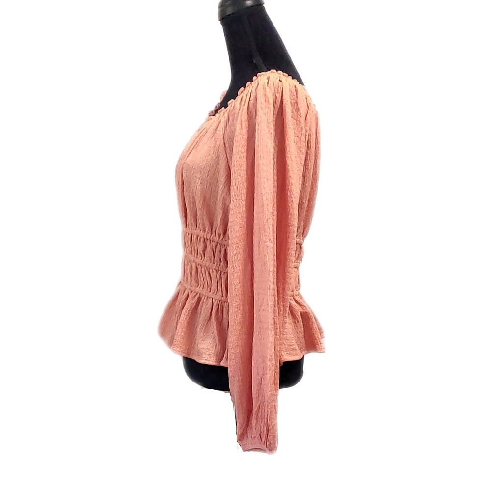 Womens Còral Orange Smocked Peplum Long Sleeve Top Size M Easle - Picture 5 of 8
